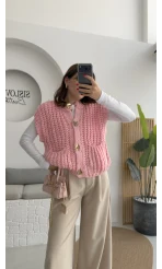 Yelek Büyük Düğmeli Örgü - Pembe