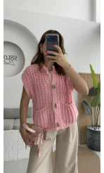 Yelek Büyük Düğmeli Örgü - Pembe