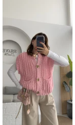 Yelek Büyük Düğmeli Örgü - Pembe