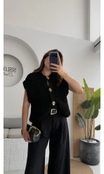 Yelek Büyük Düğmeli Örgü - Siyah