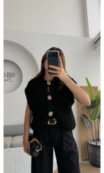 Yelek Büyük Düğmeli Örgü - Siyah