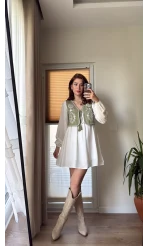 Yelekli Elbise Beyaz - Haki