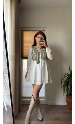 Yelekli Elbise Beyaz - Haki