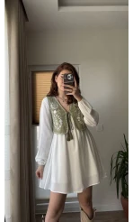 Yelekli Elbise Beyaz - Haki