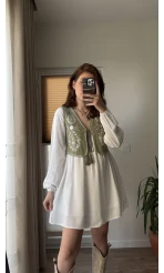 Yelekli Elbise Beyaz - Haki