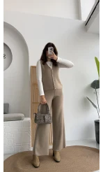 Yelekli Şeritli Triko Pantolon Takım Taş