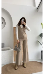 Yelekli Şeritli Triko Pantolon Takım Taş