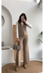 Yelekli Şeritli Triko Pantolon Takım Taş