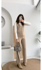 Yelekli Şeritli Triko Pantolon Takım Taş