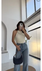 Yırtık Detay Mavi Yüksek Bel Denim Jean Pantolon - Kod: 1002