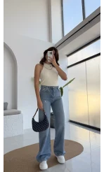 Yırtık Detay Mavi Yüksek Bel Denim Jean Pantolon - Kod: 1002