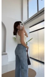 Yırtık Detay Mavi Yüksek Bel Denim Jean Pantolon - Kod: 1002