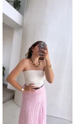 Yırtmaç Detay Straplez Göğüs Pedli Body - Beyaz