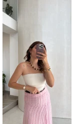 Yırtmaç Detay Straplez Göğüs Pedli Body - Beyaz