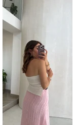 Yırtmaç Detay Straplez Göğüs Pedli Body - Beyaz