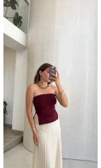 Yırtmaç Detay Straplez Göğüs Pedli Body - Bordo