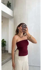 Yırtmaç Detay Straplez Göğüs Pedli Body - Bordo