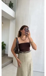 Yırtmaç Detay Straplez Göğüs Pedli Body - Kahverengi
