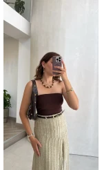 Yırtmaç Detay Straplez Göğüs Pedli Body - Kahverengi
