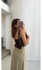 Yırtmaç Detay Straplez Göğüs Pedli Body - Kahverengi