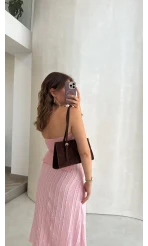 Yırtmaç Detay Straplez Göğüs Pedli Body - Pembe