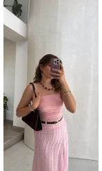 Yırtmaç Detay Straplez Göğüs Pedli Body - Pembe