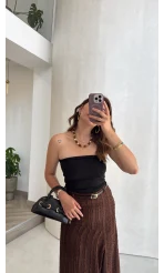 Yırtmaç Detay Straplez Göğüs Pedli Body - Siyah