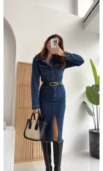 Yırtmaçlı Kısa Denim Elbise - Lacivert