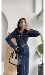 Yırtmaçlı Kısa Denim Elbise - Lacivert