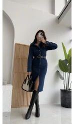 Yırtmaçlı Kısa Denim Elbise - Lacivert