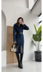 Yırtmaçlı Kısa Denim Elbise - Lacivert