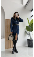 Yırtmaçlı Kısa Denim Elbise - Lacivert