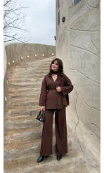 Yuna Fular Detay Bağcıklı Ceket Takım - Acı Kahve - Kod: 6003