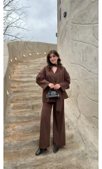 Yuna Fular Detay Bağcıklı Ceket Takım - Acı Kahve - Kod: 6003