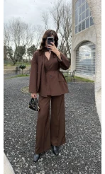 Yuna Fular Detay Bağcıklı Ceket Takım - Acı Kahve - Kod: 6003