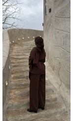 Yuna Fular Detay Bağcıklı Ceket Takım - Acı Kahve - Kod: 6003