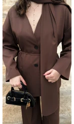 Yuna Fular Detay Bağcıklı Ceket Takım - Acı Kahve - Kod: 6003