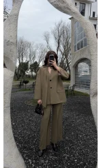 Yuna Fular Detay Bağcıklı Ceket Takım - Haki - Kod: 6003