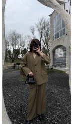 Yuna Fular Detay Bağcıklı Ceket Takım - Haki - Kod: 6003