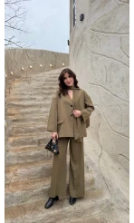 Yuna Fular Detay Bağcıklı Ceket Takım - Haki - Kod: 6003