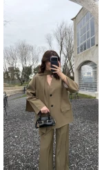 Yuna Fular Detay Bağcıklı Ceket Takım - Haki - Kod: 6003