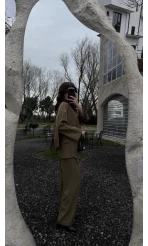 Yuna Fular Detay Bağcıklı Ceket Takım - Haki - Kod: 6003