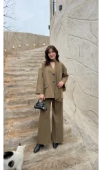 Yuna Fular Detay Bağcıklı Ceket Takım - Haki - Kod: 6003