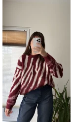 Zebra Desen Kalın Triko Kazak Bordo