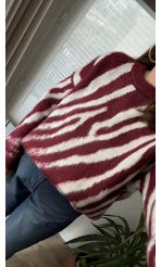Zebra Desen Kalın Triko Kazak Bordo