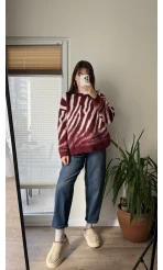 Zebra Desen Kalın Triko Kazak Bordo