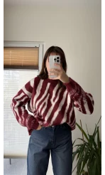 Zebra Desen Kalın Triko Kazak Bordo