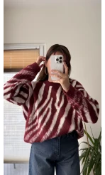 Zebra Desen Kalın Triko Kazak Bordo
