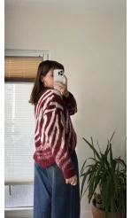 Zebra Desen Kalın Triko Kazak Bordo