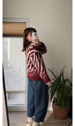 Zebra Desen Kalın Triko Kazak Bordo